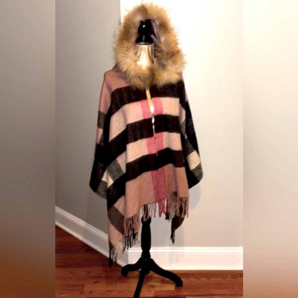 Diana Rosh NY Plaid Faux Fur Hooded Shawl with Fringe Cashmere Wool Camel Red